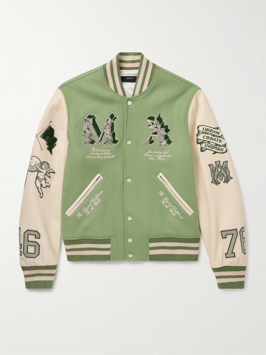 Amiri MA Angel Embellished Melton Wool - Blend Twill and Leather Varsity Jacket Leaf Green - La Familia Street Culture - Amiri - AMIRI MA Angel Embellished Melton Wool - Blend Twill and Leather Varsity Jacket -