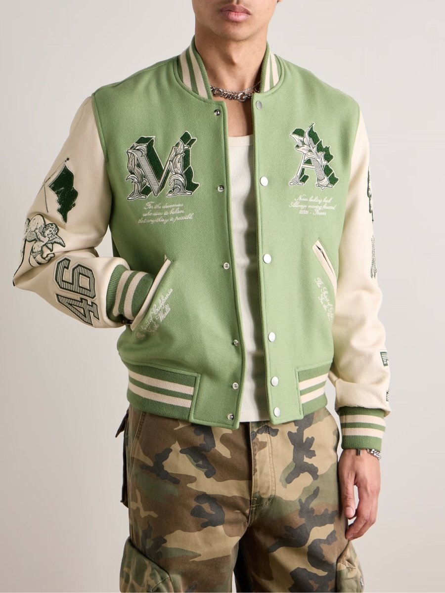 Amiri MA Angel Embellished Melton Wool - Blend Twill and Leather Varsity Jacket Leaf Green - La Familia Street Culture - Amiri - AMIRI MA Angel Embellished Melton Wool - Blend Twill and Leather Varsity Jacket -