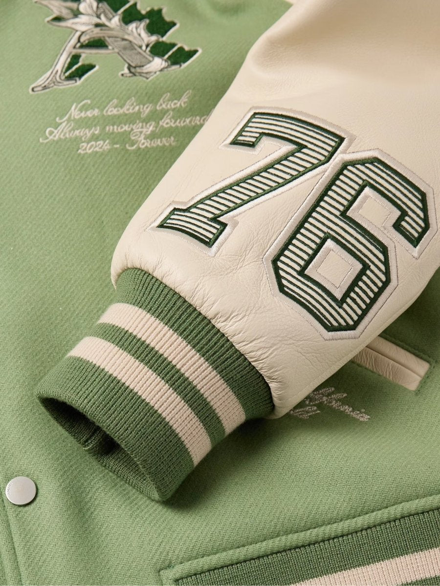 Amiri MA Angel Embellished Melton Wool - Blend Twill and Leather Varsity Jacket Leaf Green - La Familia Street Culture - Amiri - AMIRI MA Angel Embellished Melton Wool - Blend Twill and Leather Varsity Jacket -