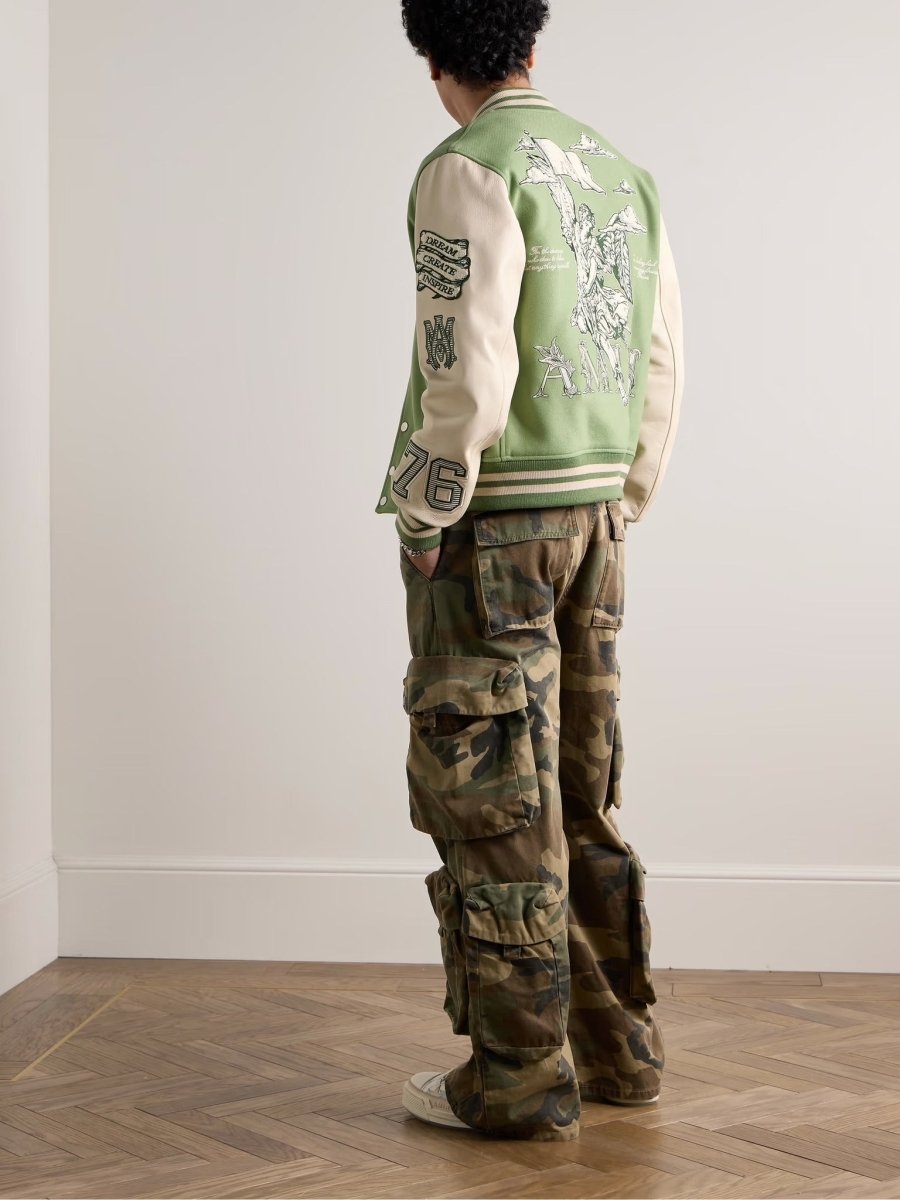 Amiri MA Angel Embellished Melton Wool - Blend Twill and Leather Varsity Jacket Leaf Green - La Familia Street Culture - Amiri - AMIRI MA Angel Embellished Melton Wool - Blend Twill and Leather Varsity Jacket -