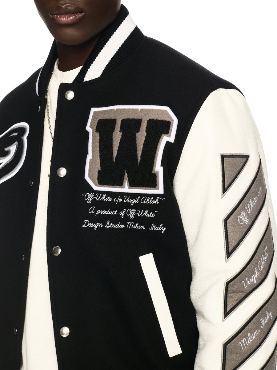 Off - White Leather/Wool Varsity Jacket - La Familia Street Culture - Off - White