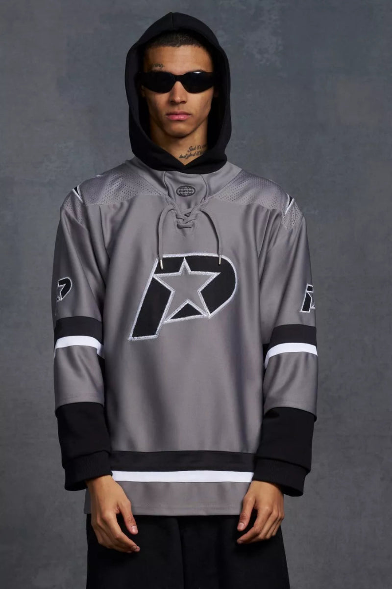 P - Star By Oversized Hockey Jersey Appliqué Silver Hoodie - La Familia Street Culture - P Star - P - Star By Oversized Hockey Jersey Appliqué Silver Hoodie -
