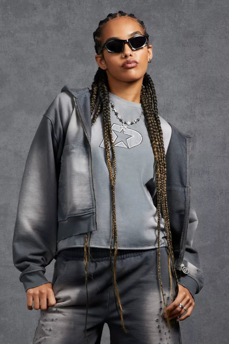 P - Star Shrunken Fit Zip Up Hoodie Appliqué Grey - La Familia Street Culture - P Star - P - Star Shrunken Fit Zip Up Hoodie Appliqué Grey -
