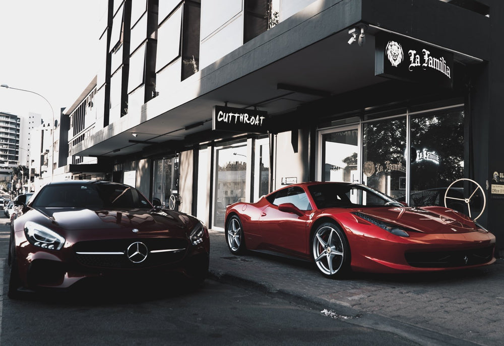 Mercedes-AMG GT and Ferrari 458 outside the La Familia Street Culture store, Rosebank, June 2017