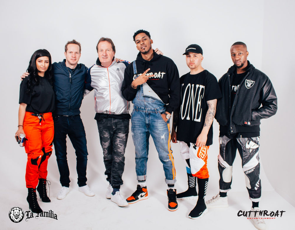 MJ, VatoKayde, Nape and Phetho of Cutthroat Entertainment and the Alpha Industries distribution team, La Familia and Cutthroat logos, 6 July 2017