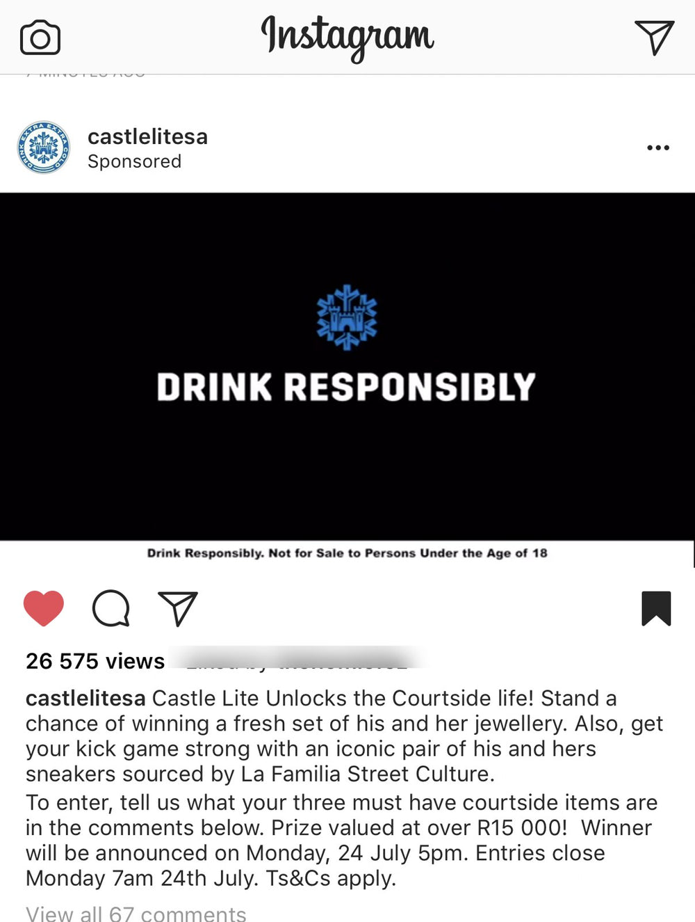 Castle Lite Instagram post, July 2017: his and hers sneakers sourced by La Familia Street Culture