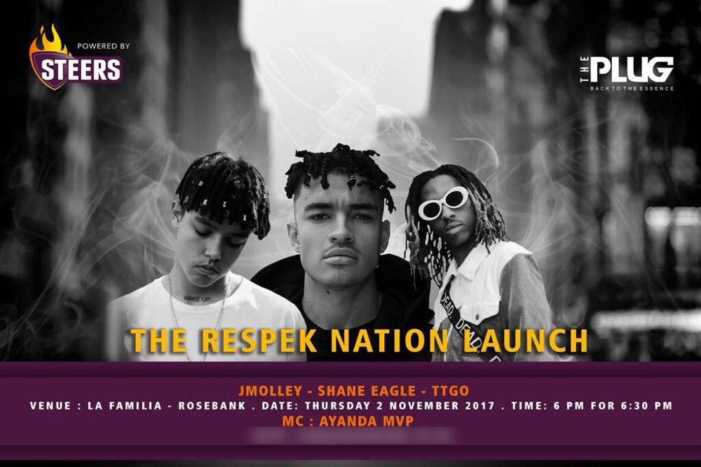 The Respek Nation launch flyer with JMolley, Shane Eagle and TTGO, La Familia Rosebank, 2 November 2017