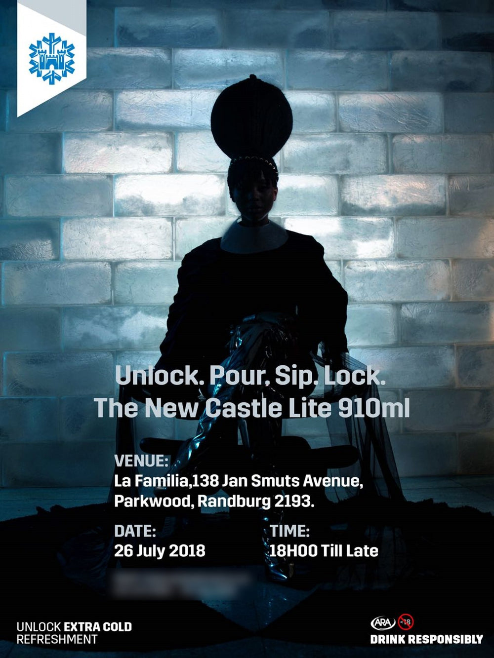 Castle Lite 910ml launch flyer, venue La Familia, 138 Jan Smuts Avenue, 26 July 2018