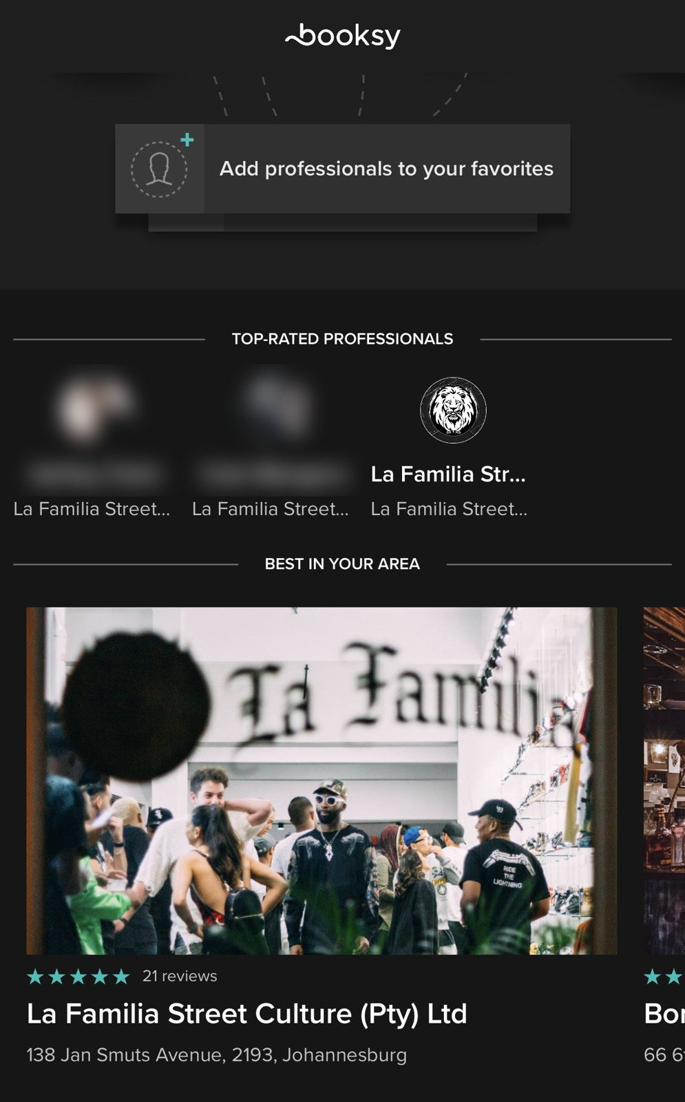 Booksy listing for the barbershop at La Familia Street Culture, 138 Jan Smuts Avenue, November 2018
