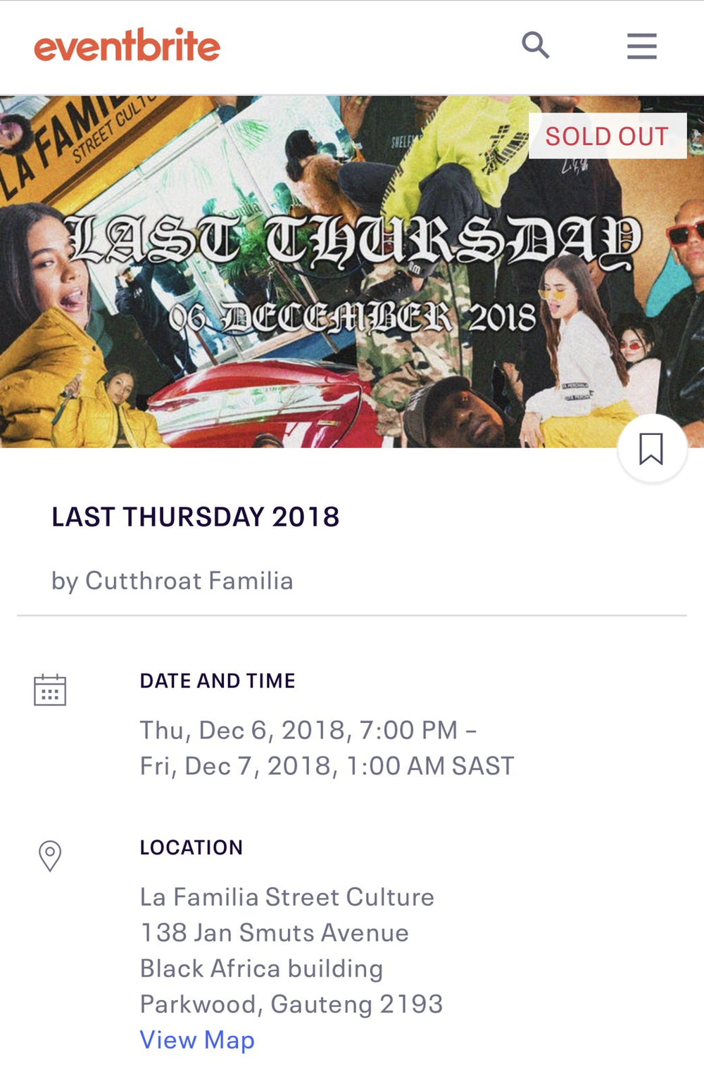 Eventbrite listing: Last Thursday 2018, sold out, La Familia Street Culture, 6 December 2018
