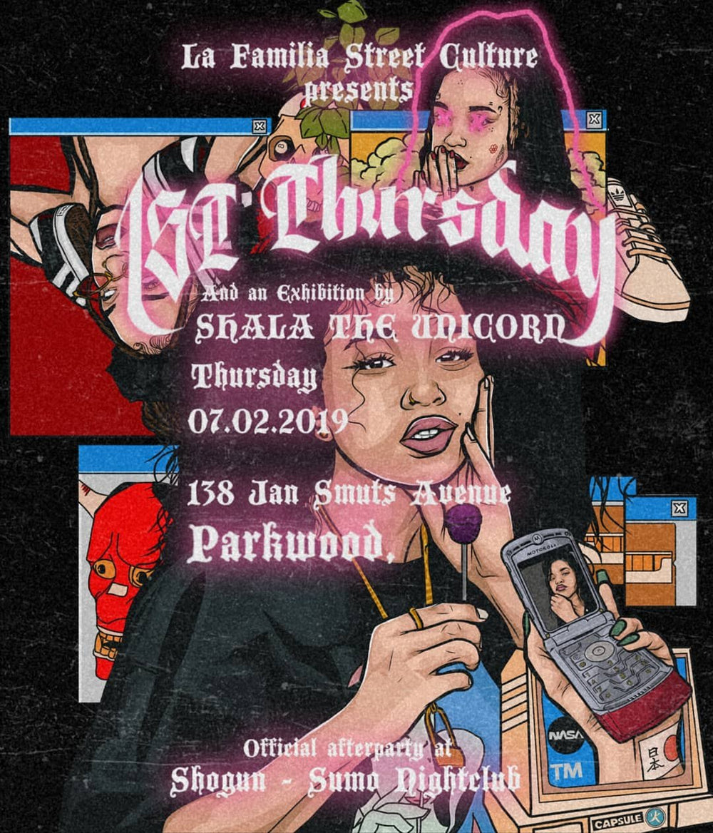 First Thursday flyer with an exhibition by Shala The Unicorn, 7 February 2019, 138 Jan Smuts Avenue