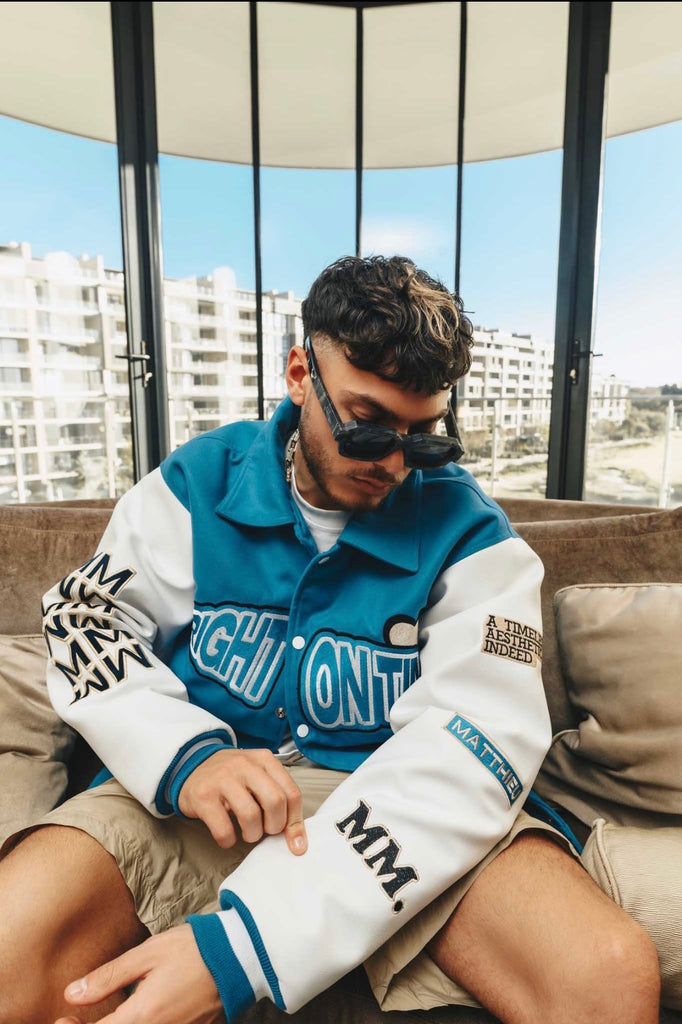 Micael Matthew's "Right On Time" Maison De Matthieu Letterman Varsity Jacket