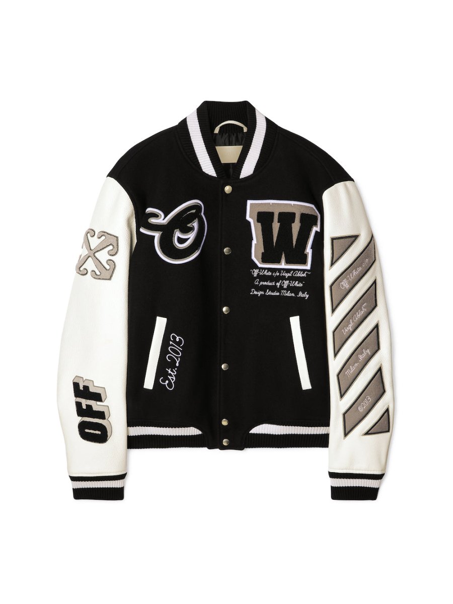 Off - White Leather/Wool Varsity Jacket - La Familia Street Culture - Off - White