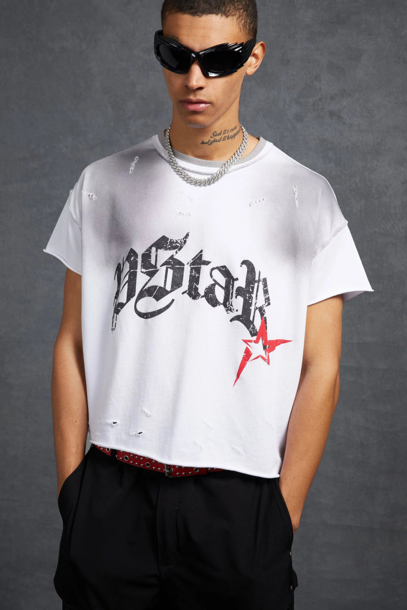 P - Star Oversized Cropped T-Shirt P - Star Print White - La Familia Street Culture - P Star - P - Star Oversized Cropped T-Shirt P - Star Print White - 
