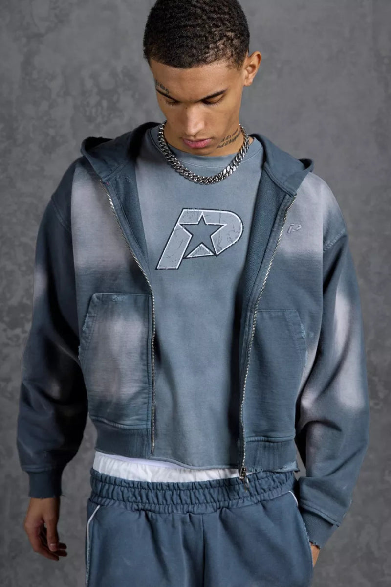 P - Star Shrunken Fit Zip Up Hoodie Appliqué Grey - La Familia Street Culture - P Star - P - Star Shrunken Fit Zip Up Hoodie Appliqué Grey - 